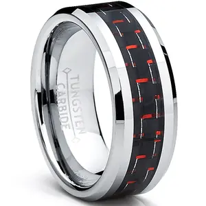 8MM Men's Tungsten Carbide Ring W/ BLACK & RED Carbon Fiber Inlay Sizes 6 to 15