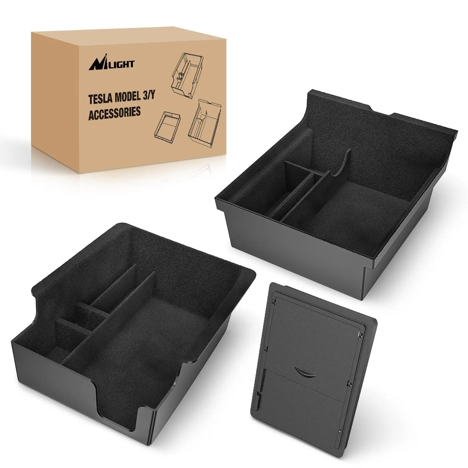 Nilight Upgraded 3-Pack Car Storage Organizers - Custom Fit ABS Plastic, Easy Install Center Armrest Console Tray & Hidden Storage Box, Compatible with Tesla Model 3 (2021-2023) Model Y (2021-2024) Automotive Interior Tidying Accessories, Model 3/Y