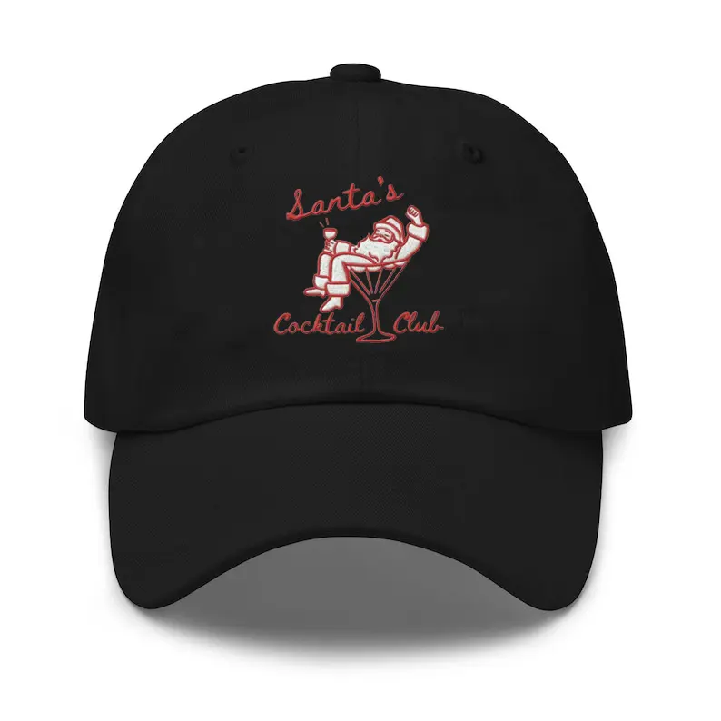 Retro Santa with Martini Glass Embroidery Cap, Christmas Social Club Baseball Cap, Great for Cocktail Napkins, Christmas Gift