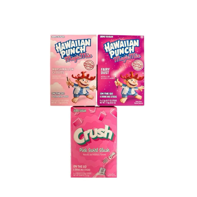 Top Sellers Zero Sugar Drink Mix Bundle of 3- Hawaiian Punch Marshmallows Clouds, Fairy Dust, & Crush Pink Swirl Slush.
