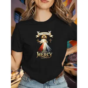 Women's Sacred Heart & Divine Mercy Catholic T-Shirt - Christ Iconography Short Sleeve Round Neck Casual Casual Attire Suitable for Seasons, Religious Apparel for Church, Prayer & Daily Outfits