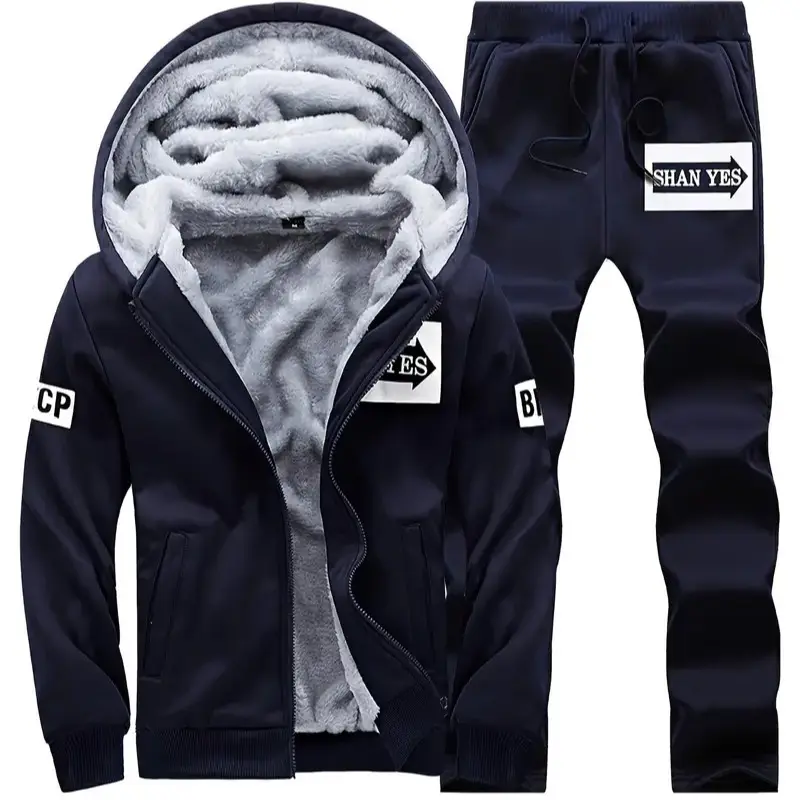 Shan Yes Men's Winter Clothing Set - Casual Sports Fleece Hooded Jacket & Matching Pants - Korean Style Two-Piece Set for Men - Medium Size High Performance Activewear men's sweatsuit set men sweatsuit set men 2 piece sets men's 2 piece set