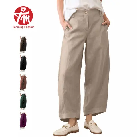 Tanming Womens Linen Pants - High Waisted Relaxed Wide Leg Casual Trousers with Pockets - Fall Daily Commute Office Loungewear