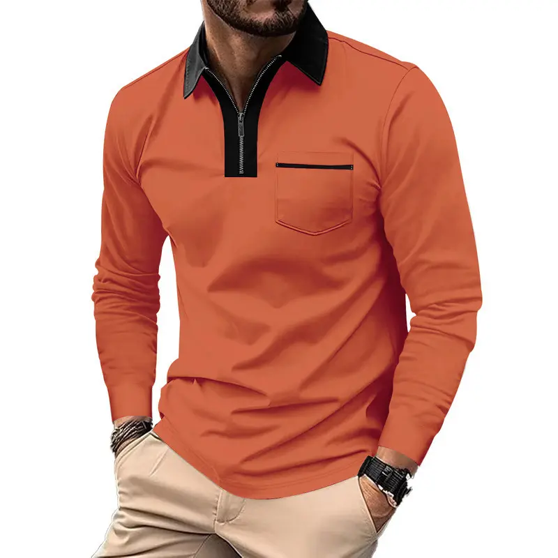KZZ Men's Polo Shirt, Casual Plain Long Sleeve, Slim-Fit with Zipper Neck and Chest Pocket, Vibrant Orange