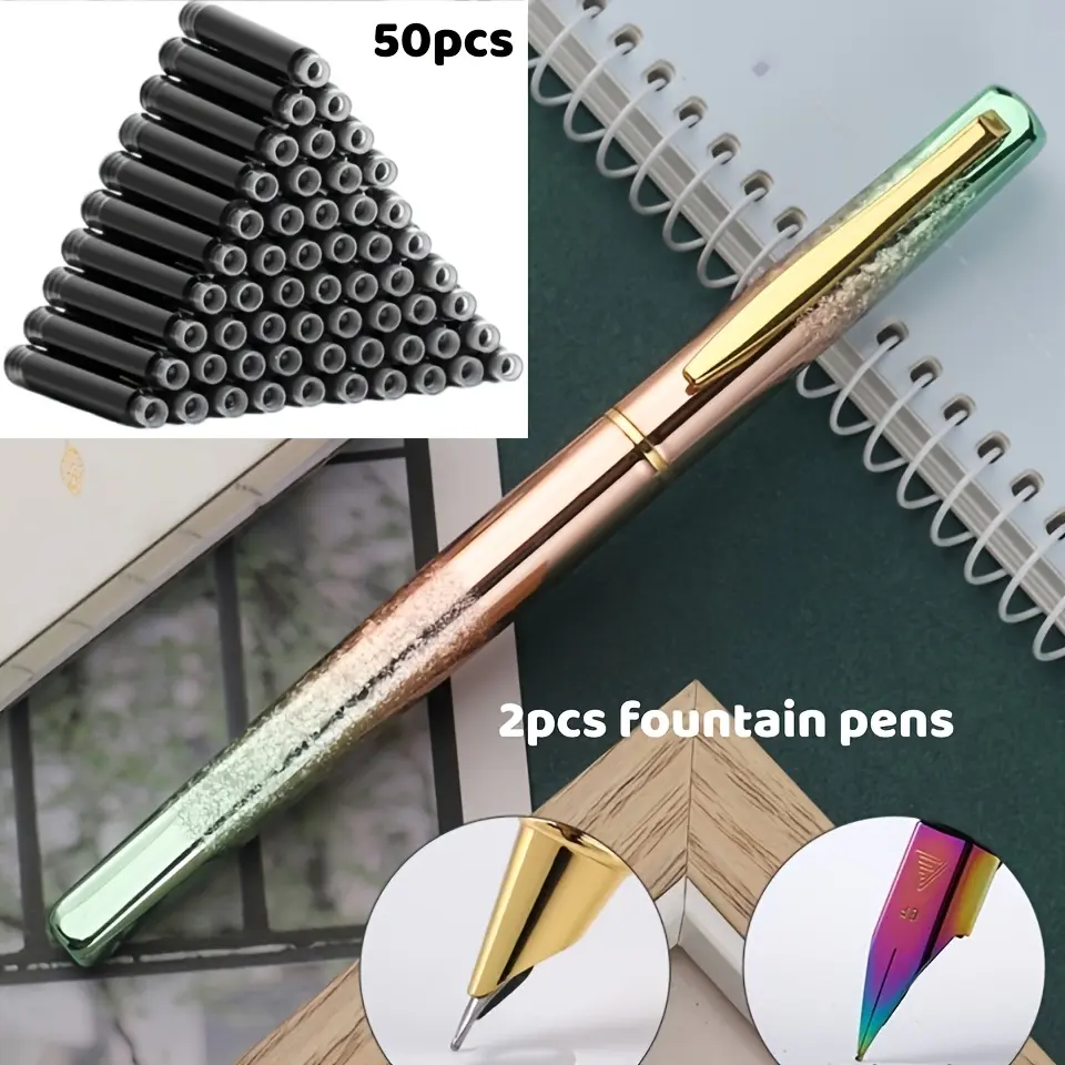2 pcs green fountain pens + 50 pcs black ink cartr