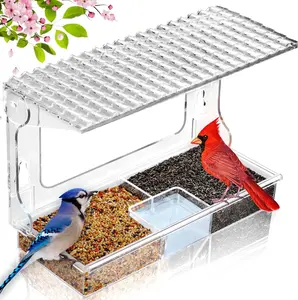 Window Bird Feeder 10" x 4" x 5" for Outdoors with Strong Suction Cups, Acrylic Clear Window Bird Feeders for Viewing with Large Capacity Detachable Seed & Water Tray