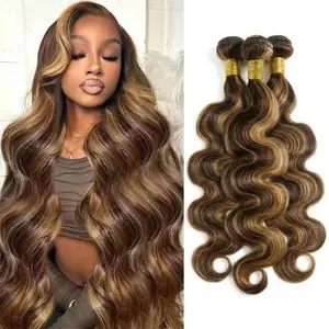 【Gefily】14A P4/27 Highlight Body Wave Bundles Honey Blonde Weave Human Double Weft Silky Virgin Hair