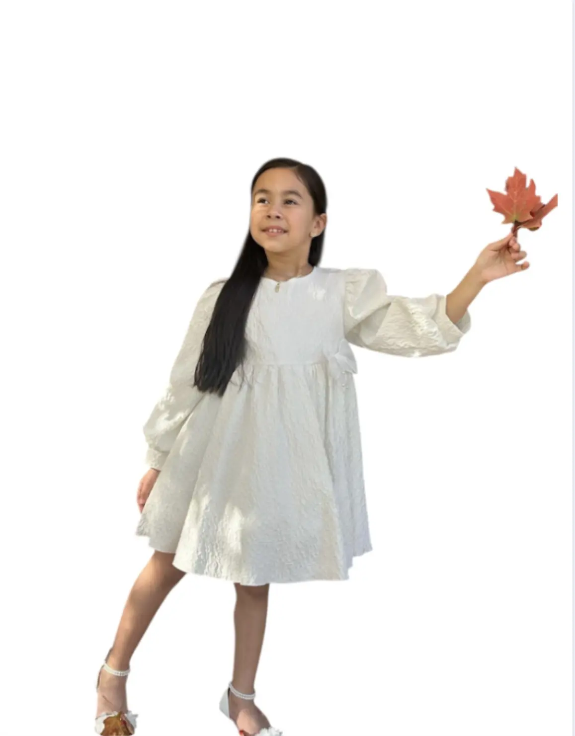 Girls' Elegant White Yvori Puff Sleeve Dress with Gold Detail & Organza Bow for Birthday Parties Weddings & Holiday Photoshoots All Seasons