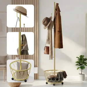 Coat Rack with 6 Hooks & Storage Basket, Freestanding Rolling Coat Rack Stand for Entryway, Hallway, Bedroom, and Office, Metal Coat Tree & Hat Rack for Coats, Hats, and Bags