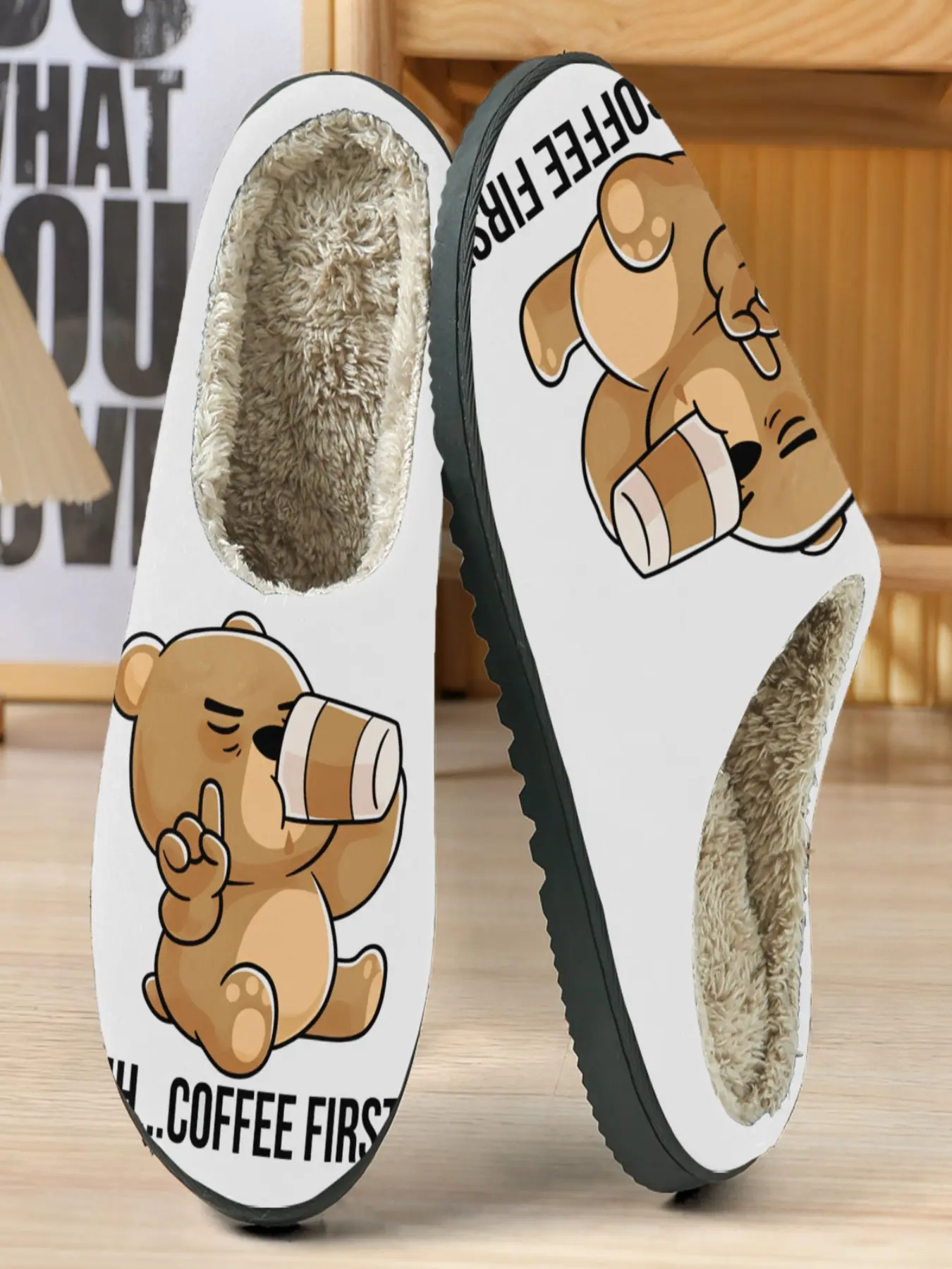 Coffee Bear Cotton Slippers, Background Angry Bear Illustration, Warm Fuzzy Lining, Casual Homewear for Coffee Lovers