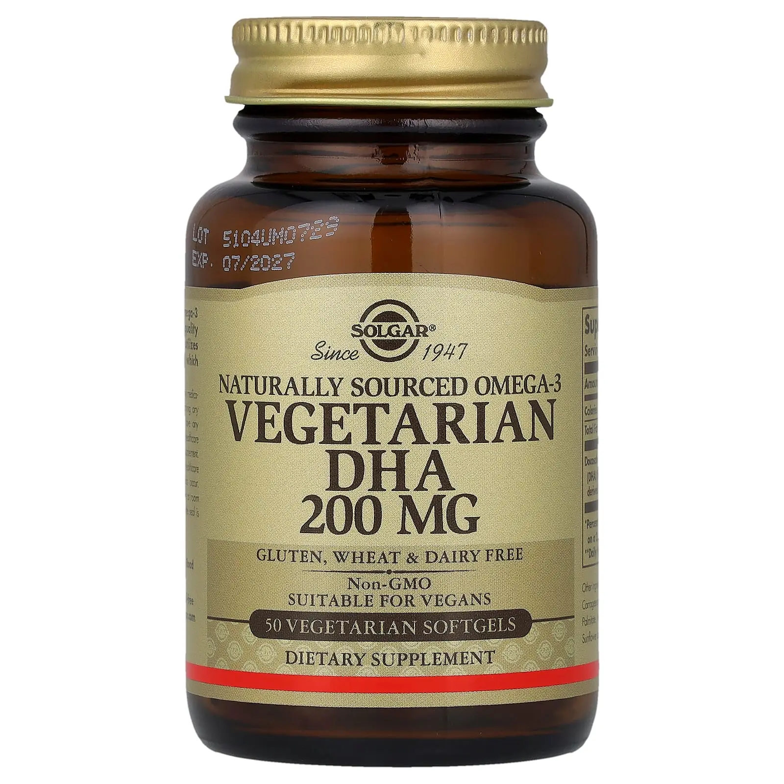 Solgar Naturally Sourced Omega-3, Vegetarian DHA, 200 mg, 50 Vegetarian Softgels