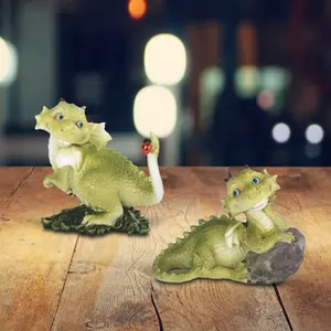 2-PC Cute Green Dragon Baby with Ladybug Figurine Set 3.75"W