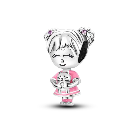 MULA Silver Plated Cute Girl with Cat Charm Pink Enamel Dress Flower Hair CZ Whimsical Pet Lover Dangle Bead Fits Most Bracelets & Necklaces Birthday Gift for Her DIY Jewelry