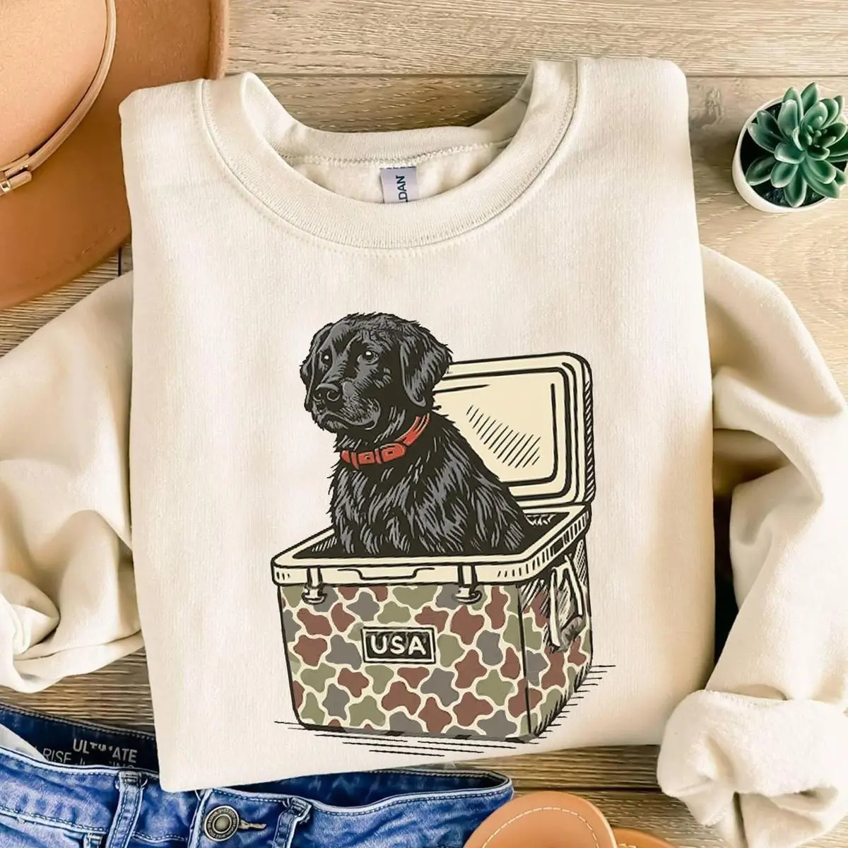 Hunting Black Labrador Dog Sweatshirt, T-Shirt & Hoodie – USA Camo Cooler Black Lab Graphic Shirt, Rustic Country Dog Lovers Pullover, Southern Pup Outdoor Tee, Cozy Camping & Fishing Top, Perfect Unisex Hunting Apparel Gift