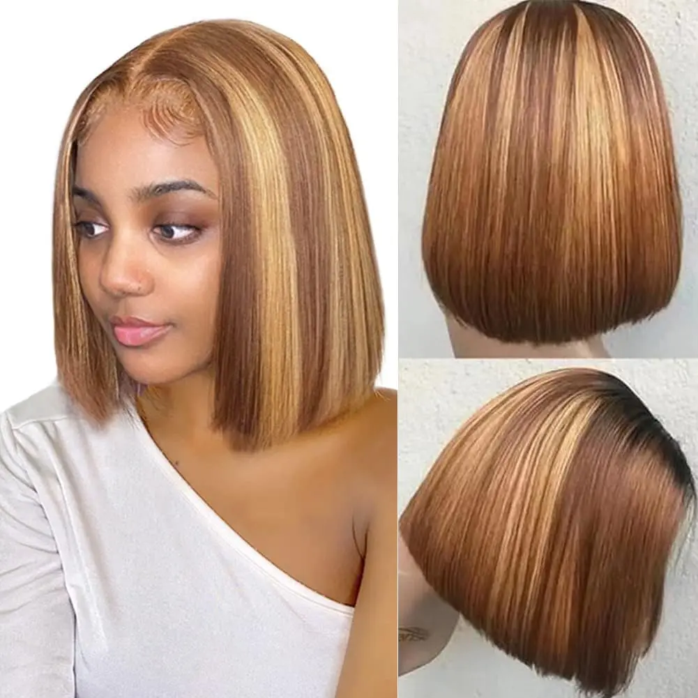 GK Highlight Lace Front Bob Wig Human Hair for Black Women 4/27 Blonde Ombre Bob Wig Human Hair Pre Plucked 180% Density 13x4 HD Transparent Lace Frontal Wig Glueless Short Wigs Colored 10 Inch #SummerVibes
