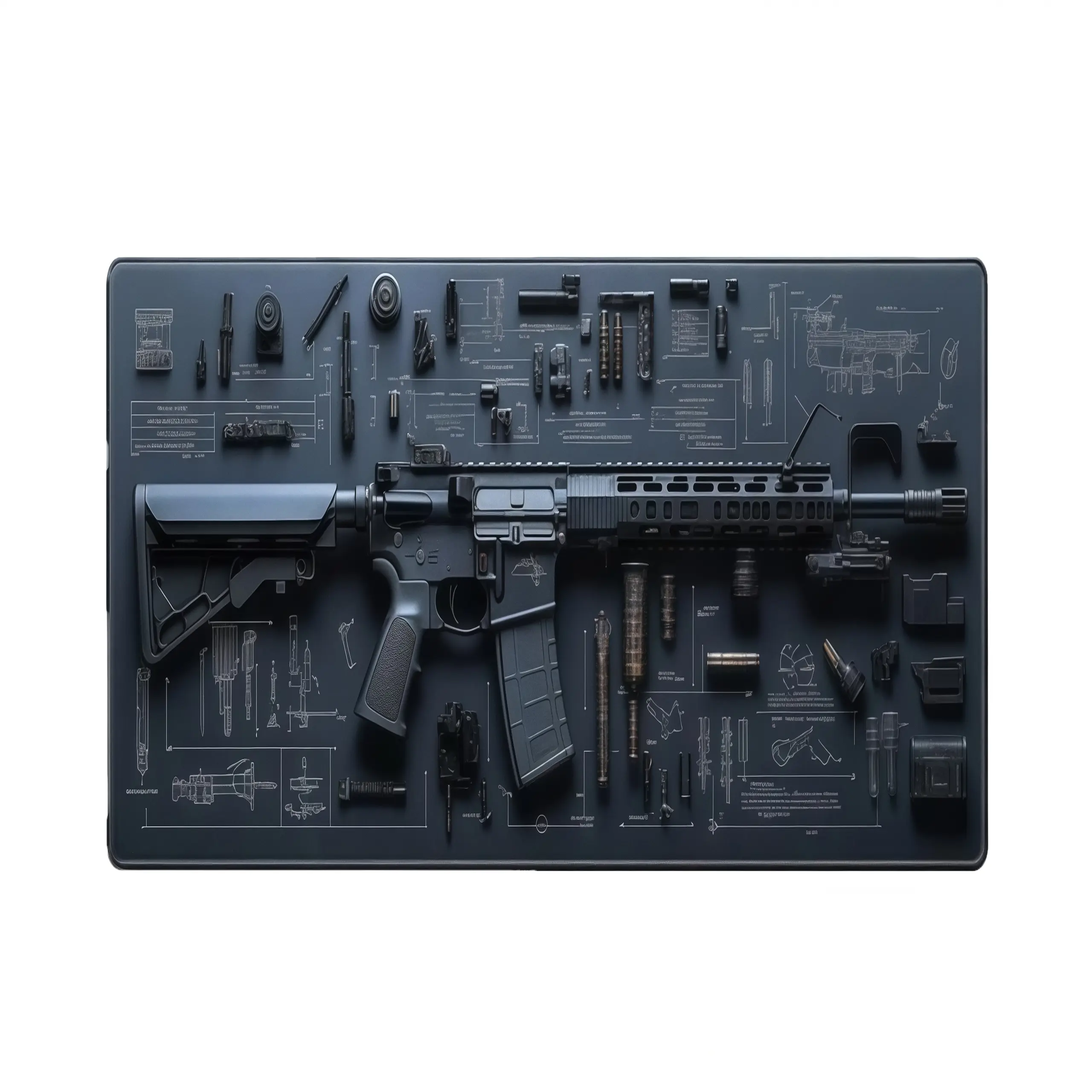 Tactical Gun Disassembly Schematic Mouse Pad, Large Gaming Desk Mat with Gun Blueprints, Extended Gaming Mouse Pad with Waterproof and Non-Slip Rubber Base, Office Desk Accessory, Portable Mouse Pad, Multi-Functional Office Supply, Size 20X24cm
