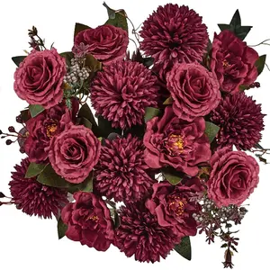 Premium Burgundy Silk Flowers Bouquet, Artificial Floral Arrangements, Fake Flower for Wedding Bridal Bouquets, Home Decorations, Baby Shower, Table Centerpieces