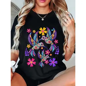 Unisex Hummingbird Colorful Mexican Flowers Bird Floral Nature T-Shirt,Unisex Crewneck T-shirt for Men And Women,Unisex Golf Gift T-Shirt  Cotton T-shirt, Women's T-shirt