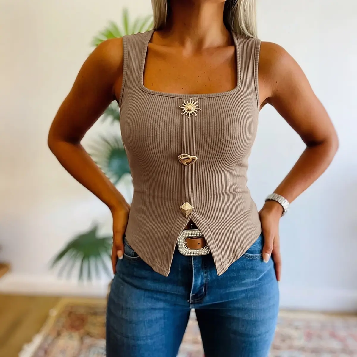 CHICME Women's Square Neck Ribbed Tank Top Vintage Abstract Gold Button Knit Camisole Slim Fit Slit Vest