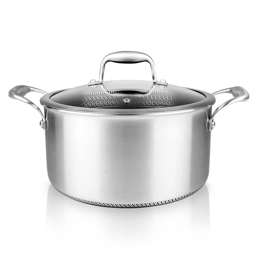 NutriChef 5 Qt Nonstick Triply Stainless Steel-Aluminium Induction Cookware Pot - Glass Lid, Scratch-Resistant Honeycomb Surface, 500°F Oven Safe, PFOA/PFOS-Free, Dishwasher Safe, Thermal Even Heat Distribution, Modern Home Kitchen Essential, Nonstick Coo