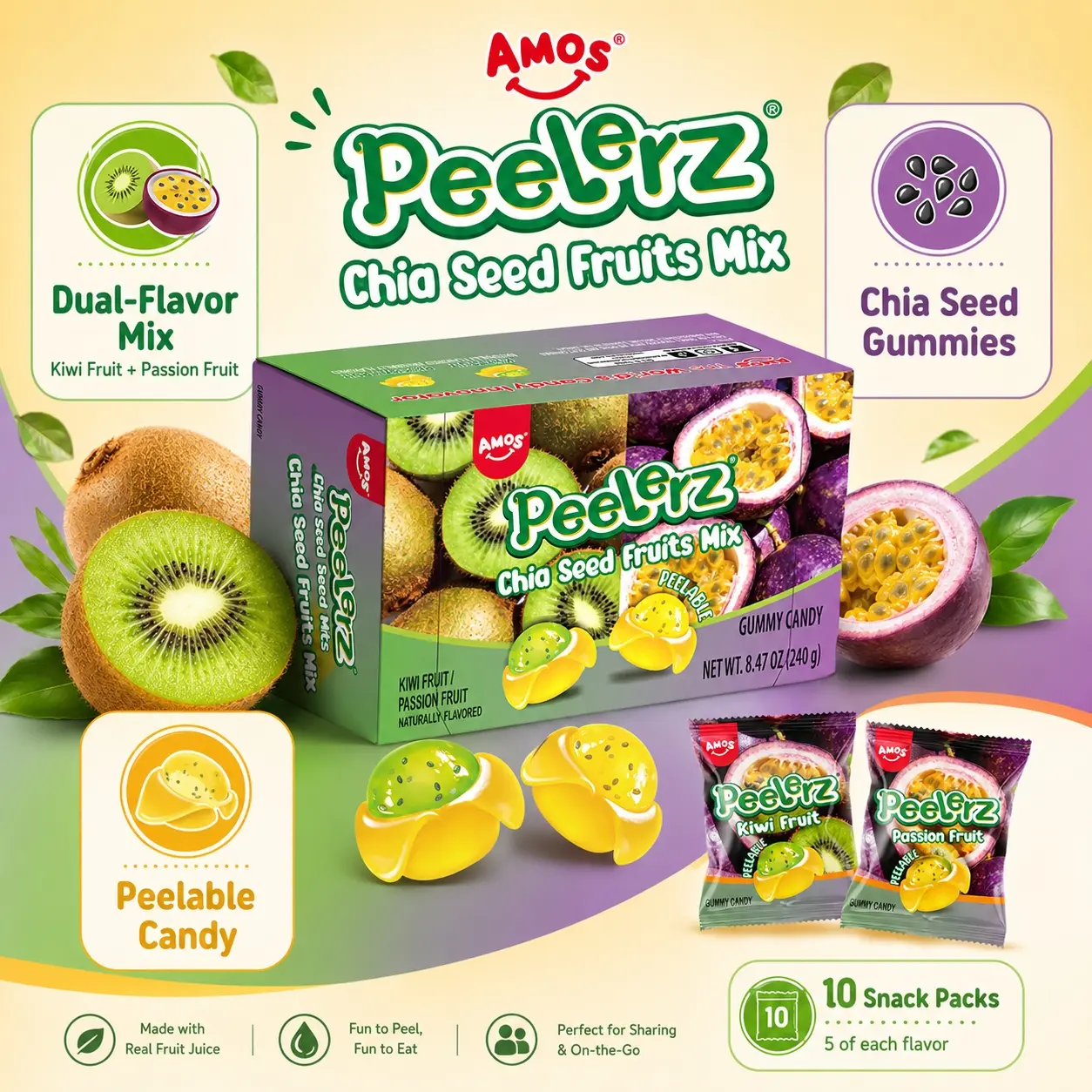 AMOS Peelerz Chia Seed Fruits Mix Gummy Candy | Kiwi & Passion Fruit Dual-Flavor Peelable Gummies | 10 Snack Packs AMOS Peelerz Chia Seed Fruits Mix Gummy Candy | Kiwi & Passion Fruit Dual-Flavor Peelable Gummies | 10 Snack Packs