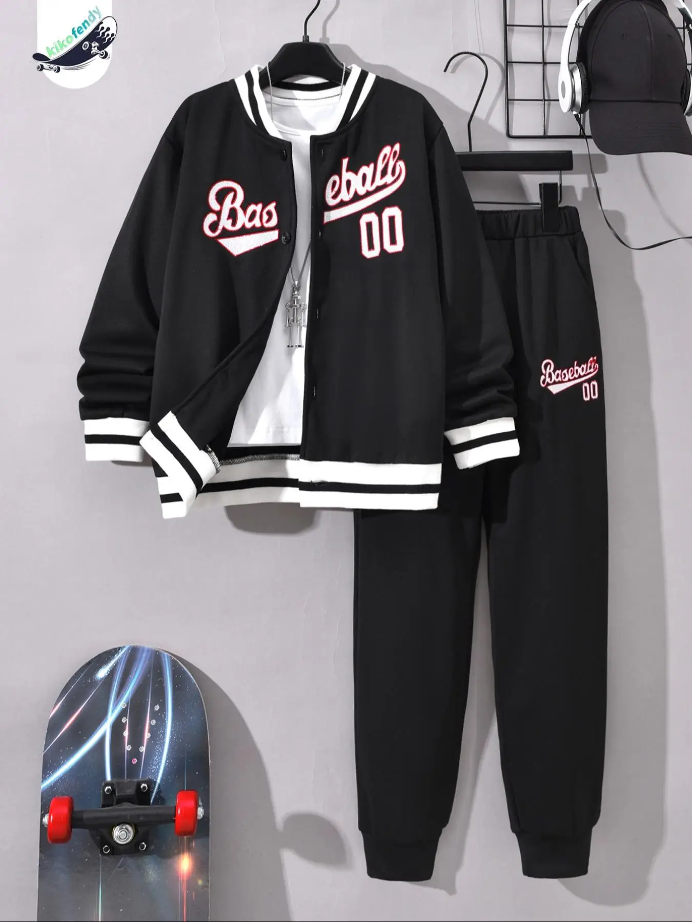 Two-Piece Set Boy's Colorblock Letter Embroidery Button Front Varsity Jacket & Elastic Waist Sweatpants, Casual Long Sleeve Baseball Collar Outerwear