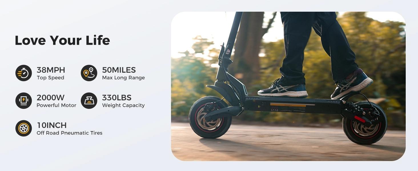 Vortex X Pro Off-Road Electric Scooter for Adults 2000W/1000W Dual Motor 38/28MPH Top Speed 50 Miles Long Range 10" Off-Road Pneumatic Tires Turn Signals Dual Braking APP Control Foldable E-Scooter, 48V15Ah Handlebar