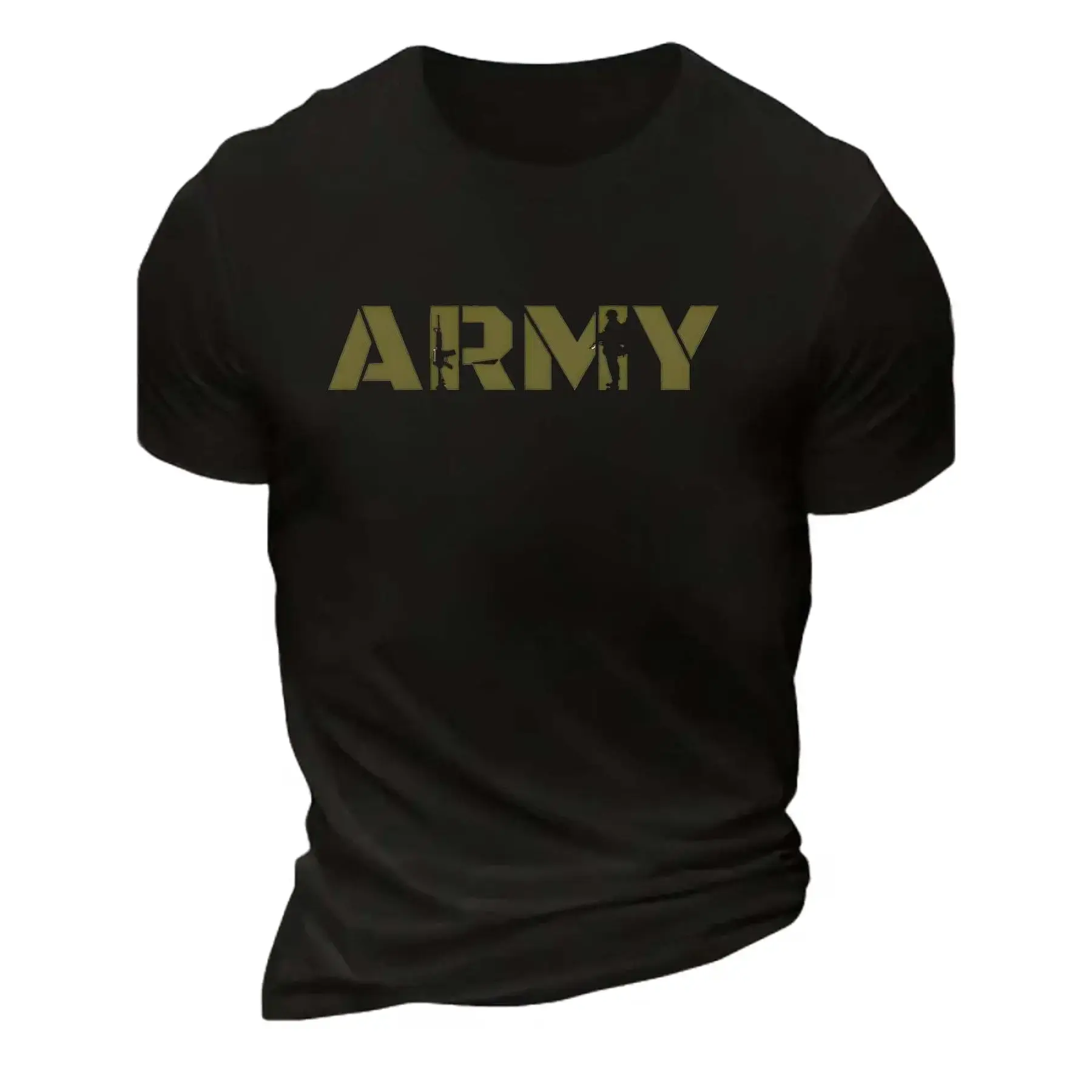 Men's Regular Fit Military Graphic T-Shirt - Black, White, Olive Green - Rifle Soldier Print - Patriotic Veteran Army Lover Casual Daily Wear Menswear Top