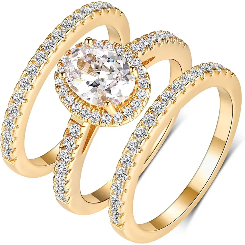GEMSME 1.5CT Three in One Round/Oval/Eye/Teardrop Halo Wedding Bands Set Engagement Rings Cubic Zirconia Promise Eternity Band for Women Size 5-10 R-1013