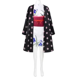 Nico Robin Ghost Island Kimono Cosplay Costume Set White Dress Black Robe Red Headwear Belt Waistband Purple Bow for Comic Con