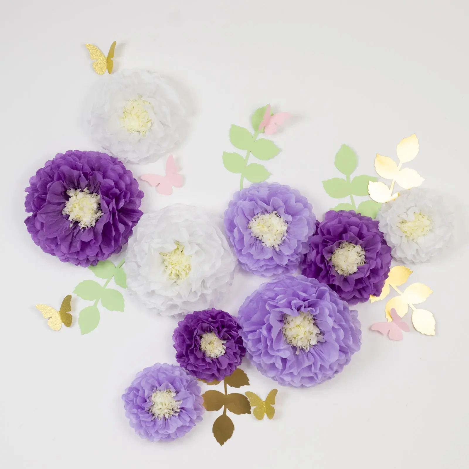 21-Piece Decorative Tissue Paper Pom Poms Kit - White & Purple Artificial Flowers Bouquet, 8in/10in/12in 3D Chrysanthemum Butterfly Design with Olive Leaves for Festive Home, Wall Decor, Paper Flowers Bouquet