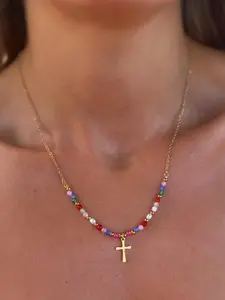 Women's Boho Jade Beads Cross Pendant Design Necklace, Adjustable Chain Jewelry Gift, All-Season Religious Fashion Accessory