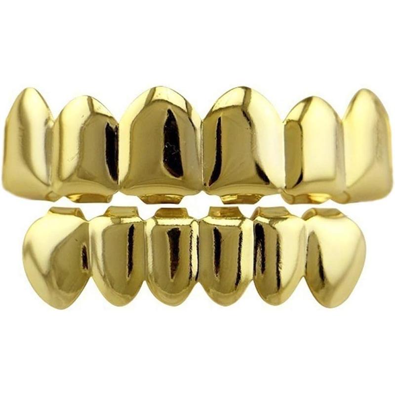 24K Gold Plated Hip Hop Teeth Grillz Punk Custom Fit Teeth Grillz Caps Top & Bottom Grill Set Removable Hip Hop Mouth Grills For Women Men Gift Halloween Party Photo Fancy Dress Accessories*ms