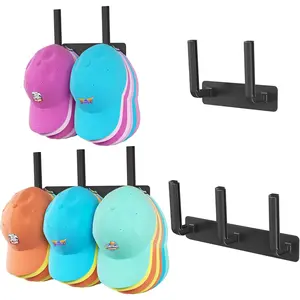 2-Pack Black Wall-Mount Removable Long Row Hat Organizer with Hanging Storage Hooks, 25-Hat Capacity, 2 Mounting Options, Space-Saving Home Closet/Door Organizer