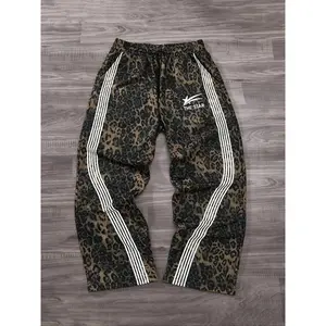 Men's Leopard Print Striped Drawstring Waist Pants, Fall & Winter Casual Fitted Straight Leg Long Pants, Daily Wear Men's Bottoms