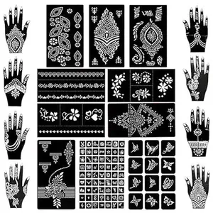 Henna Tattoo Stencil Kit 18 Sheets 97 PCS Glitter Airbrush Flower Stencils for Body Art Face Painting Mehndi Designs Arabian Realistic Temporary Tattoos for Women Girls Premium Quality PVC Material Easy to Use Portable Compact
