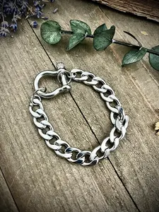 Chunky Silver Stainless Steel Curb Chain Shackle Bracelet