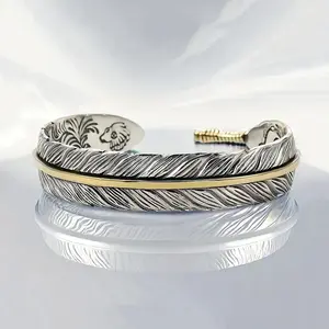 Unisex Bohemian Feather Cuff Bracelet Vintage Silver Plated Wide Adjustable Bangle Textured Nature Gift for Her or Him Classic Retro Design Men's bracelet Trendy Fashionable Accessories Trendy Jewellery