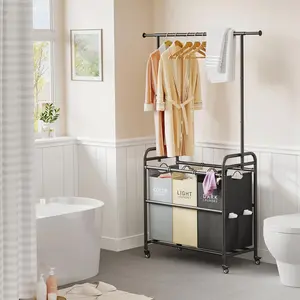 Laundry Sorter Cart with Hanging Clothes Rack, 3 Butler Sorter Basket Organizer, Laundry Hamper Cart with Heavy Duty Rolling Lockable Wheels, 3 Colors