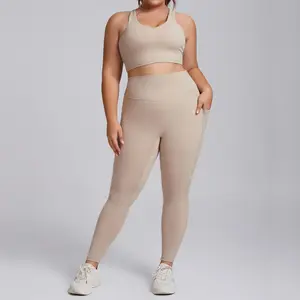 Plus Size Workout Sets for Women L-3XL Stretchy Breathable Squat-Proof Strappy Bras High-Waist Leggings Plain Design