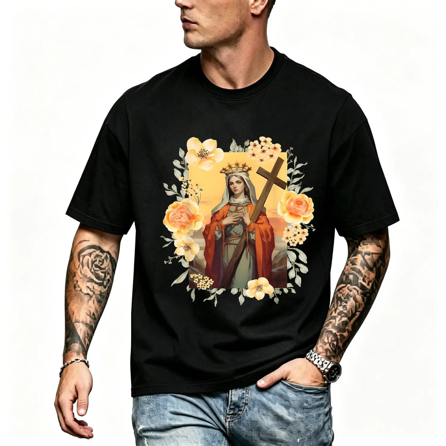 St Helena The True Cross and Church of the Holy Sepulchre Men Short sleeve Tshirts Religious Historic Pilgrimage Graphic Vintage Inspired Artwork
