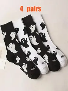 4 Pairs Unisex Cute Ghost Print Crew Socks, Fun Casual Streetwear Socks