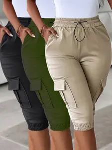 3pcs Women'S Cargo Pants with Adjustable Drawstring Waist - Casual Short Length, Side Pockets, Solid Color, All-Season Comfort Fit, Casual Wear Pants |   Adjustable Drawstring Pants |   Functional Pockets