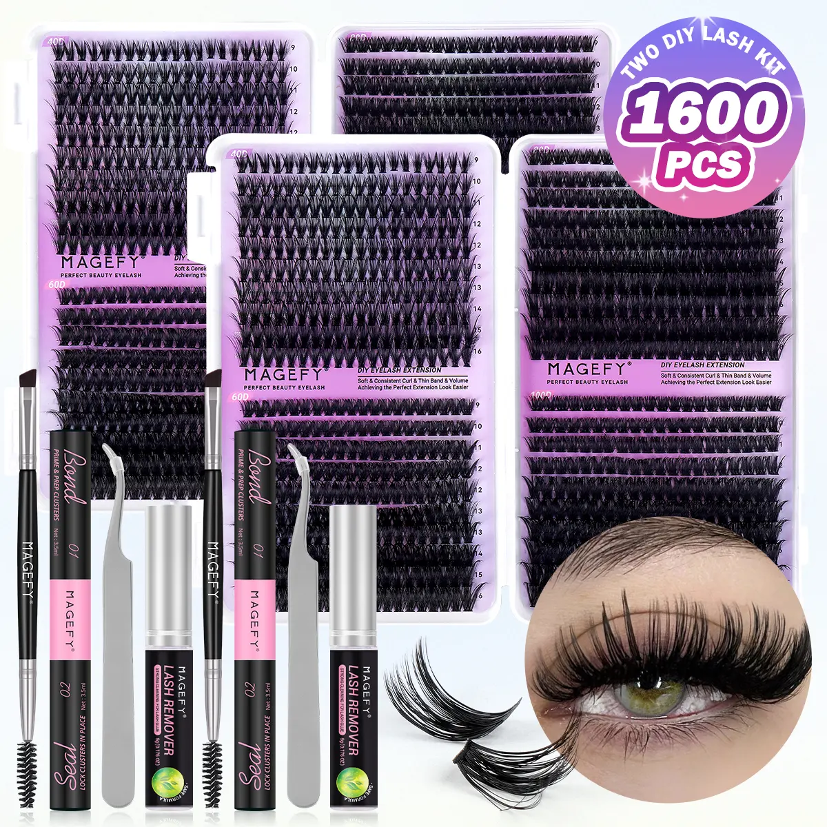 MAGEFY 1600 Clusters 40D 60D 80D 100D Lashes Clusters Tool Kit Set With Glue, Lash Glue Remover, Tweezers, Eyeliner Eyebrow Brush, 9-18mm Cosmetic Makeup Natural lash Clusters#DealsForYouDays#SummerWins