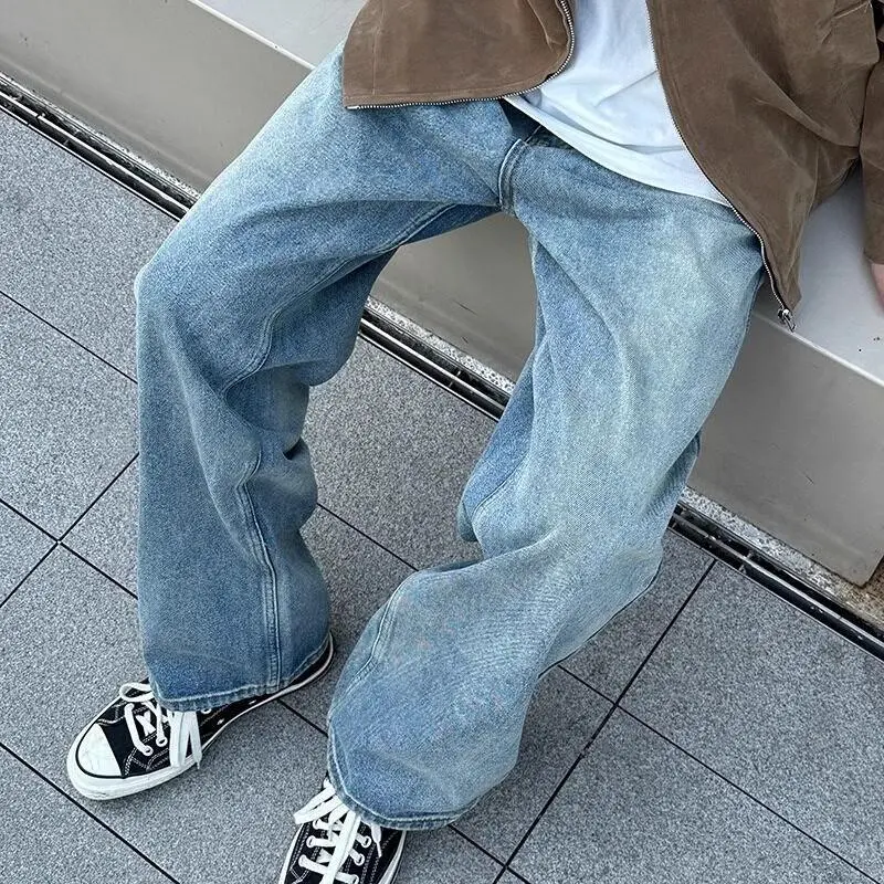 Men's Full-Length Solid Denim Wide-Leg Jeans - Unisex Cut, Loose-Fitting, 90s Hip-Hop Retro Street Style, Androgynous Classic Streetwear, Teenage Dirtbag Aesthetic, Fashion Menswear Pants