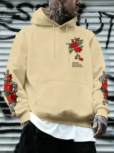 Men's Kangaroo Pocket Hoodie with Drawstring Cap, Comfortable Fitted Casual Wear, Urban Street Style, Breathable Material, Rose Print Long Sleeve Sweatshirt Menswear