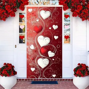 1PC,2D Flat Valentine's Day Love Heart Door Banner Festival Decoration Curtain, Romantic Red and White Heart Pattern Door Hanging, Suitable for Valentine's Party Home Front Door Decoration, Create