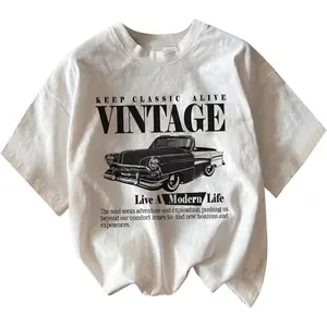Women's Graphic Letter Tee Crew Neck Drop Shoulder Trendy Summer T Shirt Short Sleeve Vintage Car Print Top