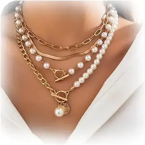 Layered Necklace Multilaye Chunky Plated layered Pearl Paperclip Chain Necklace Adjustable Layering Chain Plated Necklaces Set for Women Jewerly