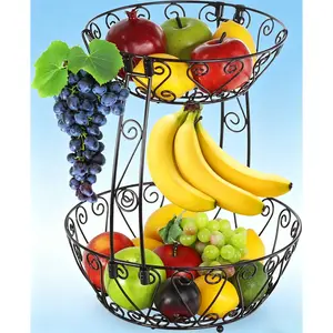 2-Tier Countertop Fruit Basket, Bronze Metal Fruit Bowl Storage Organizer for Kitchen Fruits, Vegetables and Snacks